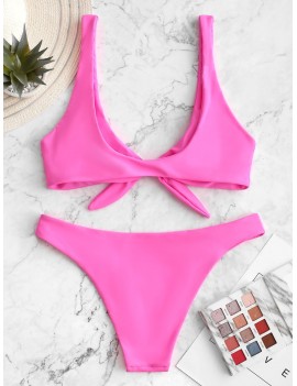  Knotted Plunge Swimwear Swimsuit - Neon Pink S