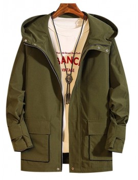 Solid Color Zip Up Pocket Decorated Jacket - Army Green L
