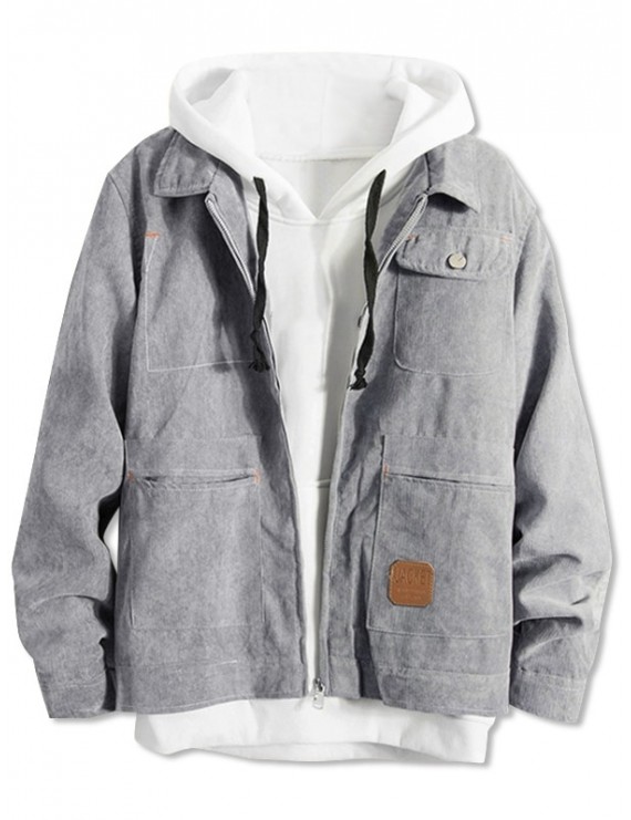 Casual Front Pocket Zip Up Corduroy Jacket - Gray M