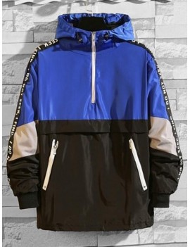 Colorblock Spliced Letter Graphic Half Zipper Pullover Hooded Jacket - Blue 2xl