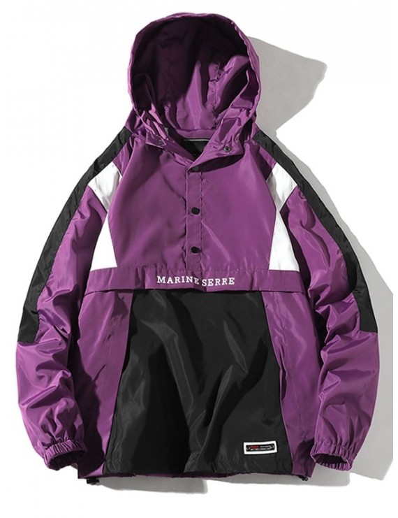 Color Block Splicing Pullover Hooded Jacket - Purple Flower L