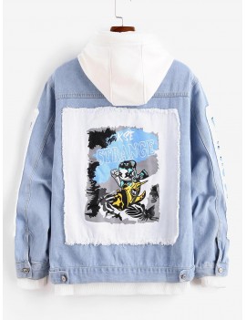 Graphic Printed Long-sleeved Denim Jacket - Jeans Blue Xl