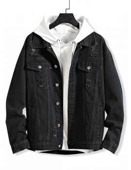 Solid Color Ripped Decorated Denim Jacket - Black Xl