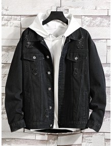 Solid Color Ripped Decorated Denim Jacket - Black Xl