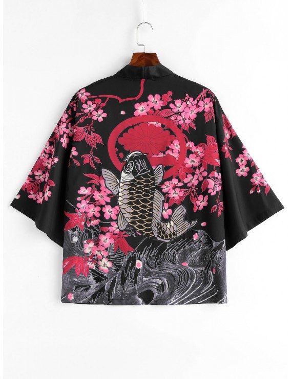 Flower Fish Print Kimono Style Jacket - Black L