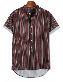 Short Sleeve Stripes Print High Low Button Up Shirt - Multi M