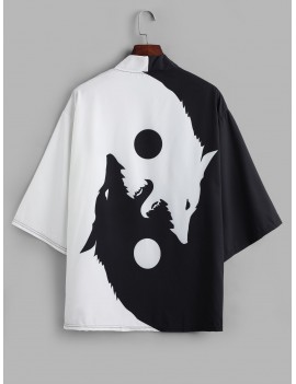 Roaring Moon Wolf Print Open Front Kimono Cardigan - Black L