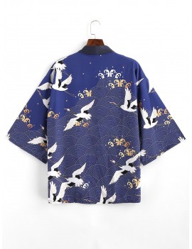 Flying Crane Sea Waves Print Open Front Kimono Cardigan - Lapis Blue M
