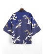 Flying Crane Sea Waves Print Open Front Kimono Cardigan - Lapis Blue M