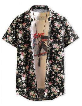 Short Sleeves Ditsy Allover Print Hawaii Beach Shirt - Black Xl