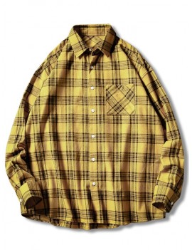 Plaid Print Button Up Casual Pocket Shirt - Yellow Xl