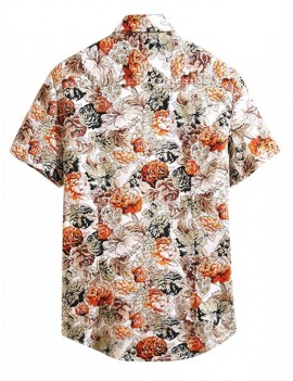 Flower Allover Print Button Hawaii Beach Shirt - Orange M