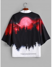 Rising Moon Through Tree Forest Print Open Front Kimono Cardigan - Red Wine S