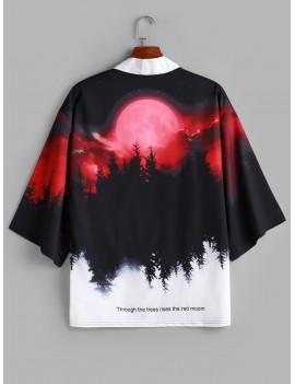 Rising Moon Through Tree Forest Print Open Front Kimono Cardigan - Red Wine S
