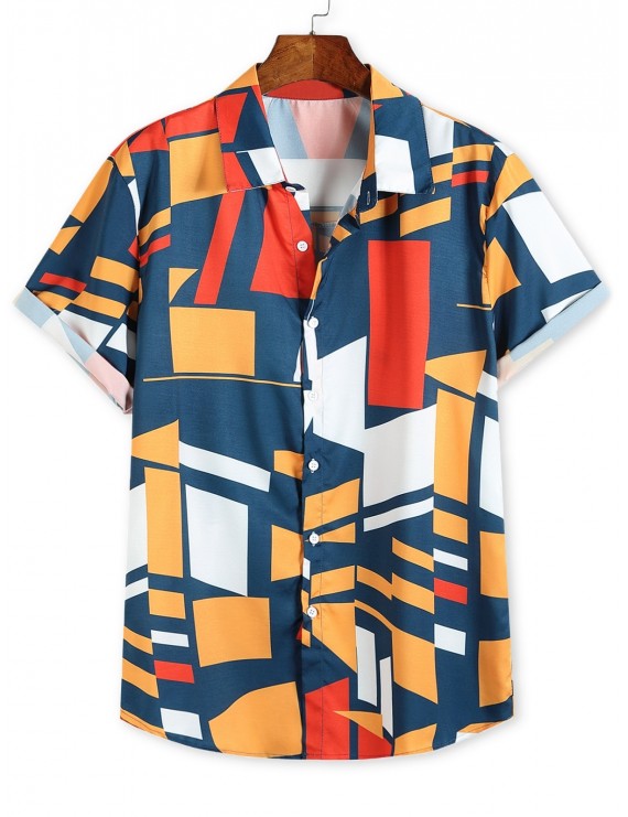 Color Blocking Geometric Print Button Up Vacation Shirt - Multi M