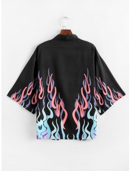 Flame Print Open Front Kimono Cardigan - Black M