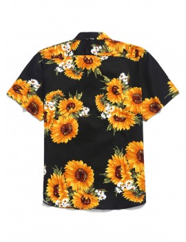 Sunflower Print Short Sleeves Shirt - Black M