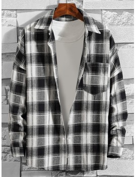 Plaid Pattern Button Up Casual Long-sleeved Shirt - White L