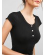 Ribbed Half Button Crop T-shirt - Black M