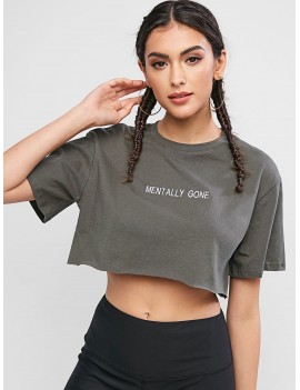 Raw Hem Cropped Mentally Gone Embroidered Tee - Gray M