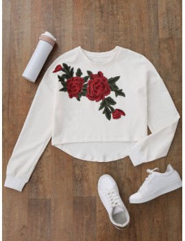 High Low Floral Applique Sweatshirt - White S