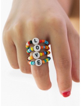 Colored Beaded Letter Design Ring Set - Multi-a