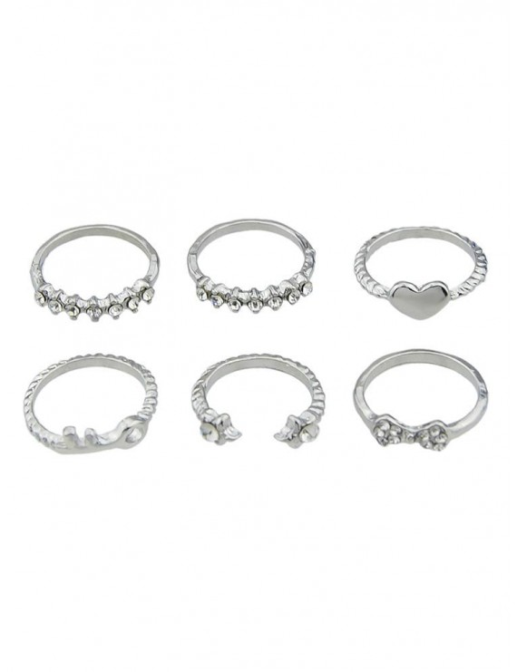 Heart Rhinestone Design Decoration Ring Set - Silver One-size