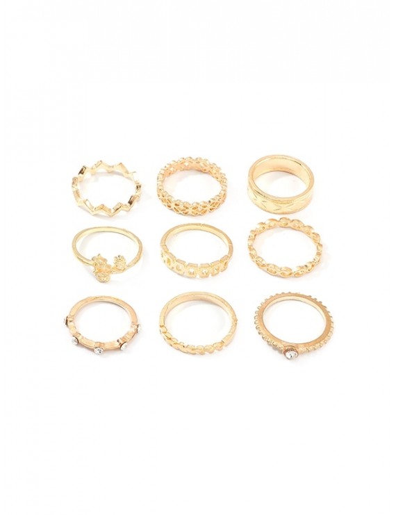 9Pcs Hollow Floral Rhinestone Ring Set - Gold
