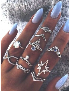 Ten Piece Simple Diamante Ring Set - Silver