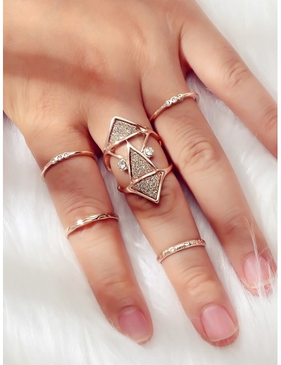 5 Piece Glitter Geometric Rhinestone Finger Ring Set - Gold