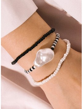 Baroque Pearl Beaded Bracelet Set - Natural Black