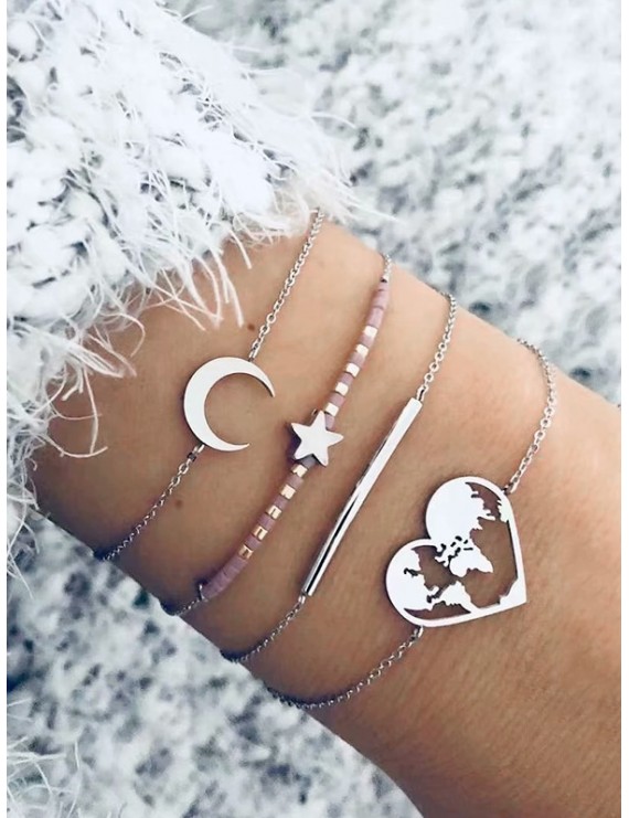 4Pcs Moon Star Heart Bracelet Set - Silver