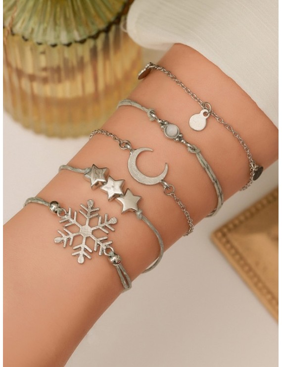 5Pcs Christmas Snow Moon Star Bracelet Set - Silver
