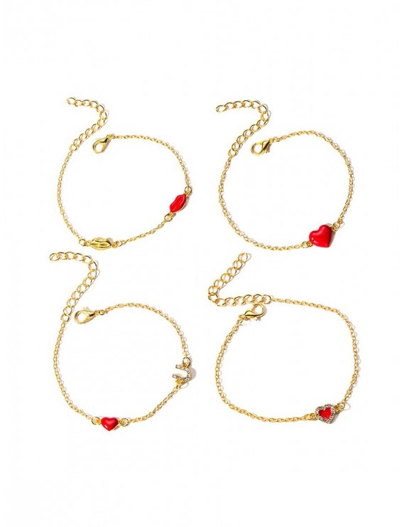 4Pcs Heart Lip Rhinestone Bracelet Set - Gold