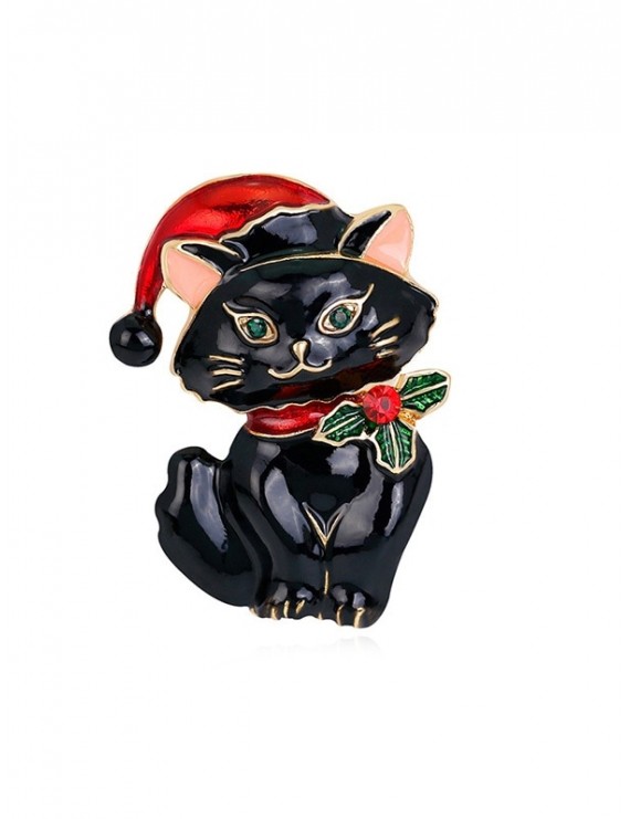 Christmas Cat Rhinestone Brooch - Black