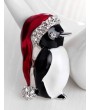 Christmas Santa Hat Penguin Brooch With Rhinestone - Silver