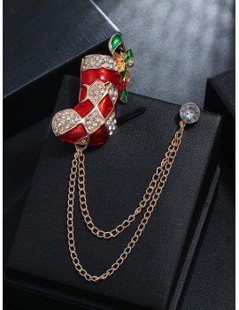 Christmas Stocking Bell Hat Chain Brooch - Gold Christmas Stocking