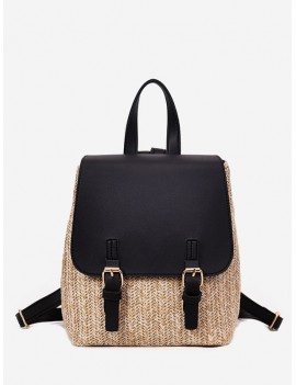 Straw Woven Jointed Casual Satchel Backpack - Black