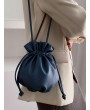 Solid Small Drawstring Single Bucket Shoulder Bag - Navy Blue