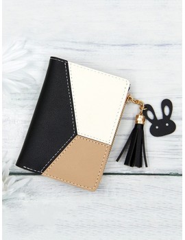 Color Block PU Leather Card Holder - Black