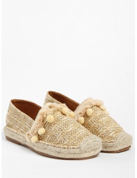 Beach Pom Pom Woven Straw Loafer Shoes - Apricot 36