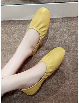 Ruched Solid Color PU Leather Ballet Flats - Yellow Eu 39