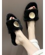 Open Toe Round Metal Fuzzy Flat Shoes - Black Eu 38