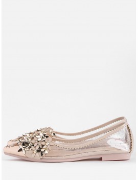 Chic Crystal Studded Floral Metal Pointed Toe Flats - Apricot 38