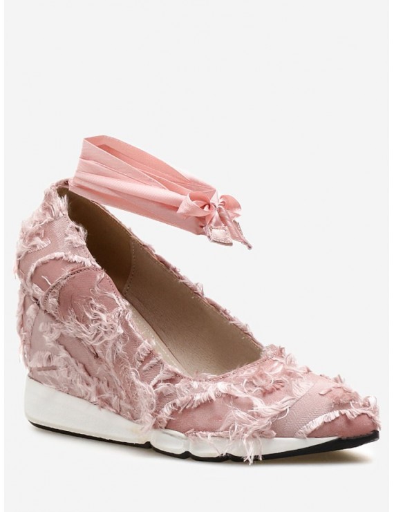 Lace Up Frayed Trim Satin Shoes - Light Pink 38