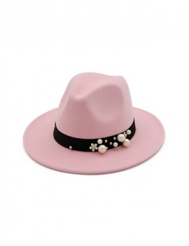Pearl Flower Fedoras Woolen Jazz Hat - Light Pink