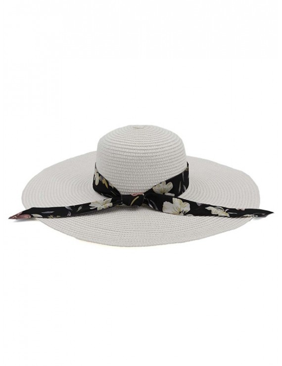 Ribbon Folding Beach Straw Sun Hat - White