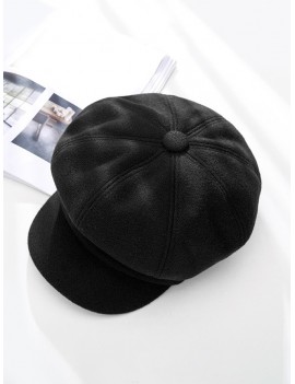 Peaked Solid Winter Octagonal Beret Hat - Black