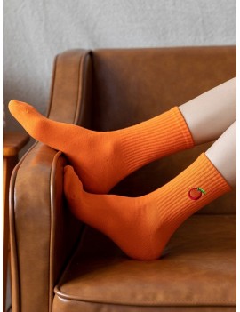 Embroidery Fruit Quarter Length Socks - Pumpkin Orange