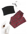 Solid Strapless Top And Plaid Pants Set - Red S